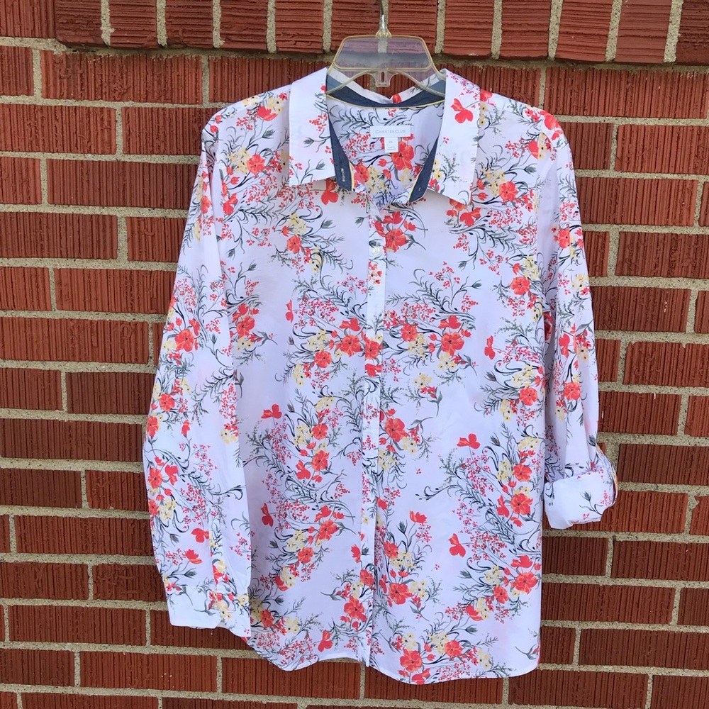 Charter Club Womens XXL white coral floral button up blouse roll tab sleeve